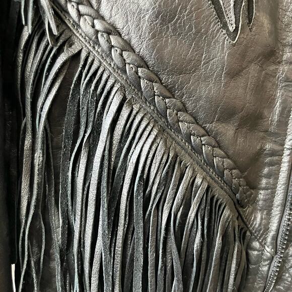 Vintage 80’s UNIK Fringe Leather Black Jacket Small/ Medium - Picture 6 of 12
